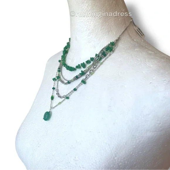 NWT Free People Aurelia Layered Necklace In Jade Green & Silver - Picture 8 of 10